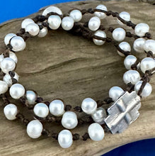Load image into Gallery viewer, 3 Wrap White Pearl & Sterling Silver Cross Bracelet