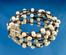 Load image into Gallery viewer, 3 Wrap White Pearl & Sterling Silver Cross Bracelet