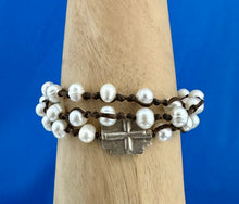 Load image into Gallery viewer, 3 Wrap White Pearl &amp; Sterling Silver Cross Bracelet
